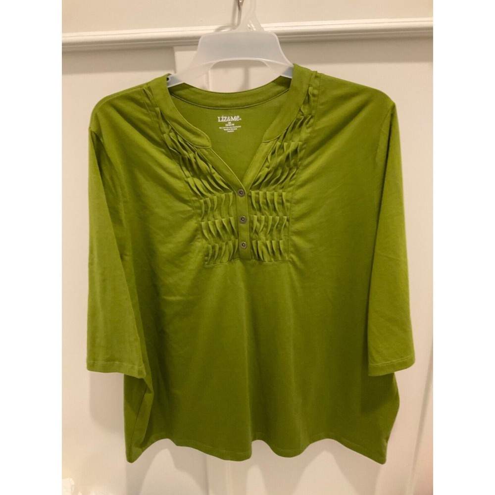 Liz & Me T-Shirt Women's  Blouse 2XL 22W 24W Green Cotton Stretch 3/4 hand short